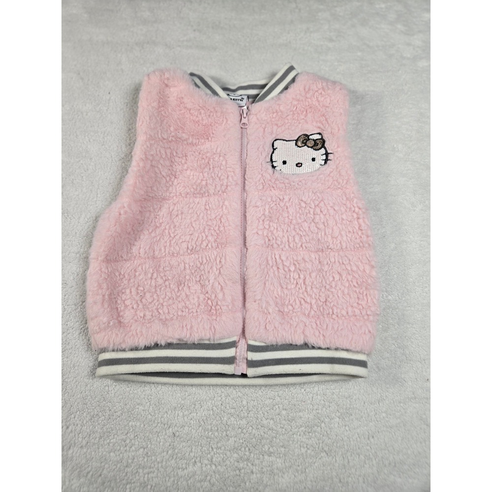 Sanrio Hello Kitty Pink Sherpa Fleece Zip Up Vest Girls Size 7/8 Sequin Patch